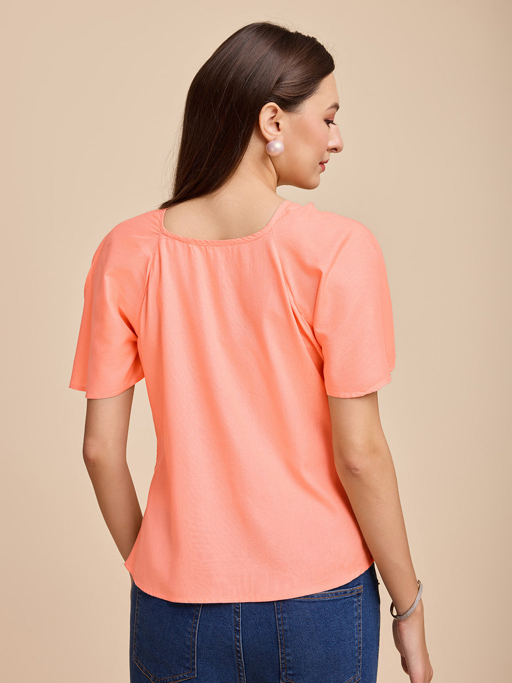 Women Peach Keyhole Neck Bell Short Sleeve Solid Top