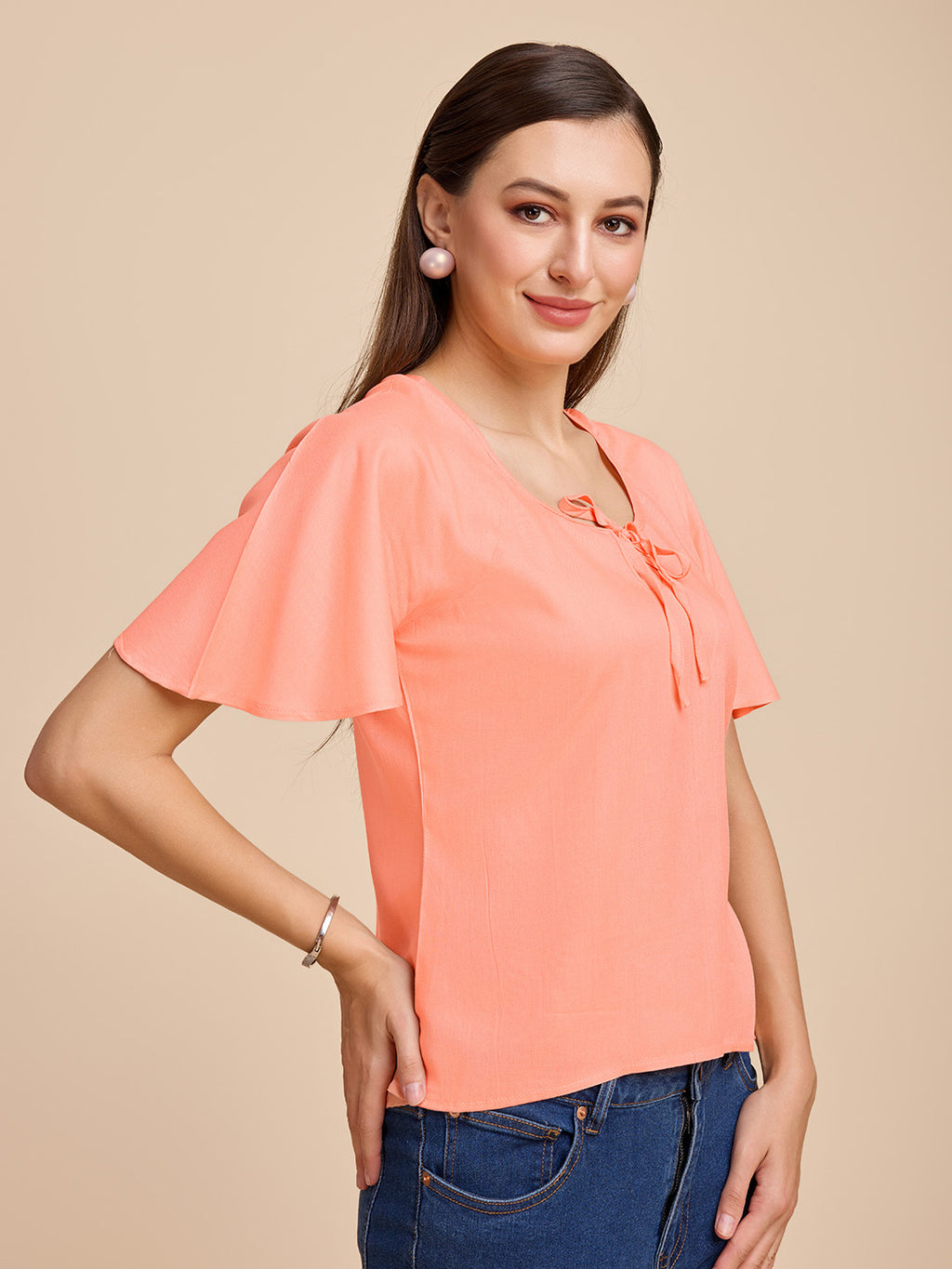 Women Peach Keyhole Neck Bell Short Sleeve Solid Top