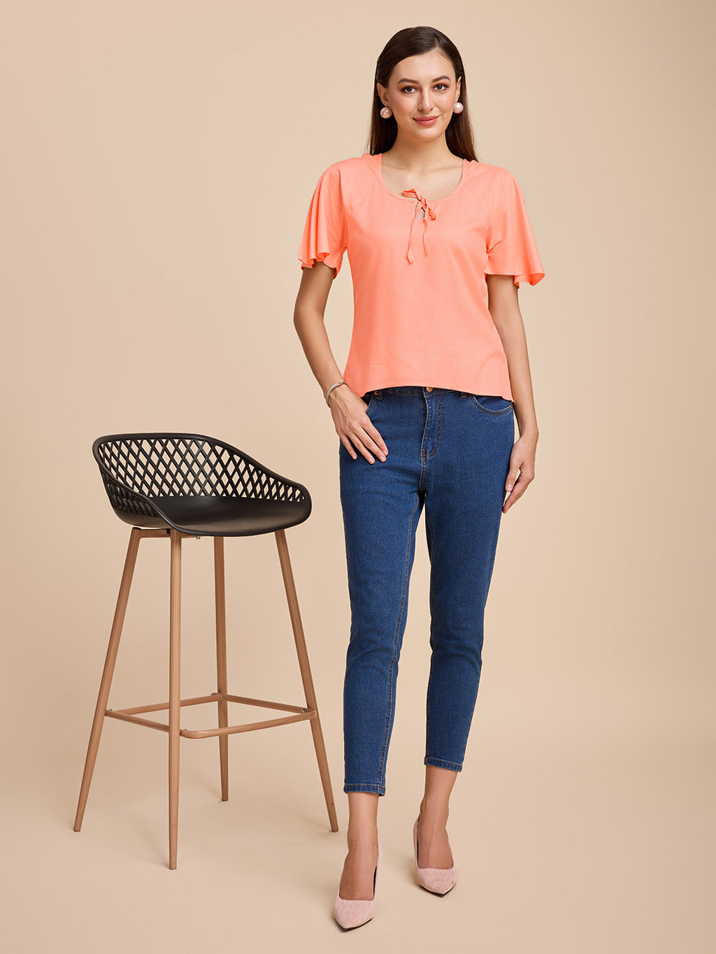 Women Peach Keyhole Neck Bell Short Sleeve Solid Top