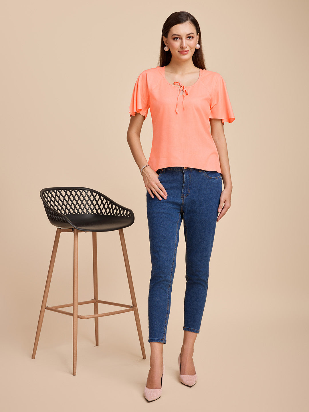 Women Peach Keyhole Neck Bell Short Sleeve Solid Top