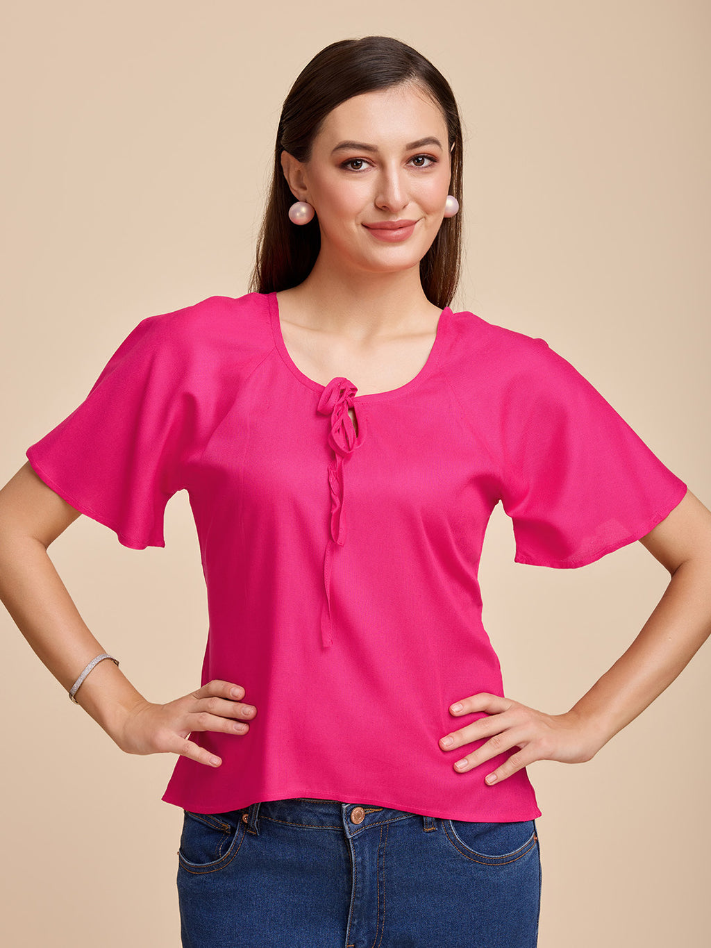 Women Pink Keyhole Neck Bell Short Sleeve Solid Top
