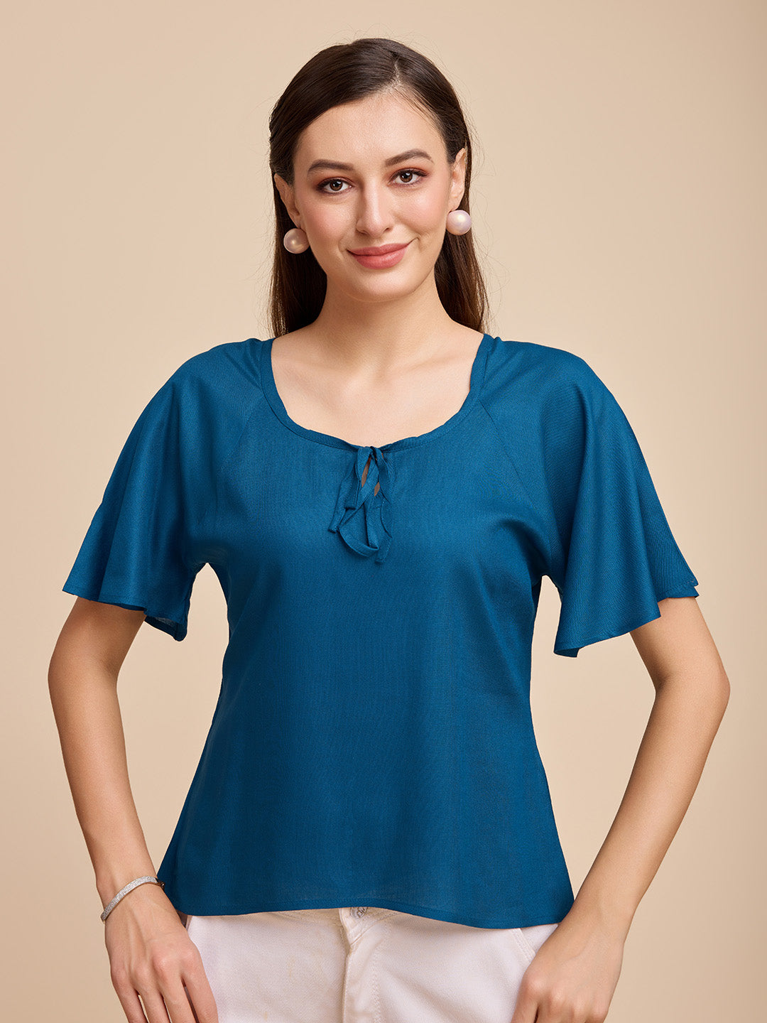 Women Teal Keyhole Neck Bell Short Sleeve Solid Top