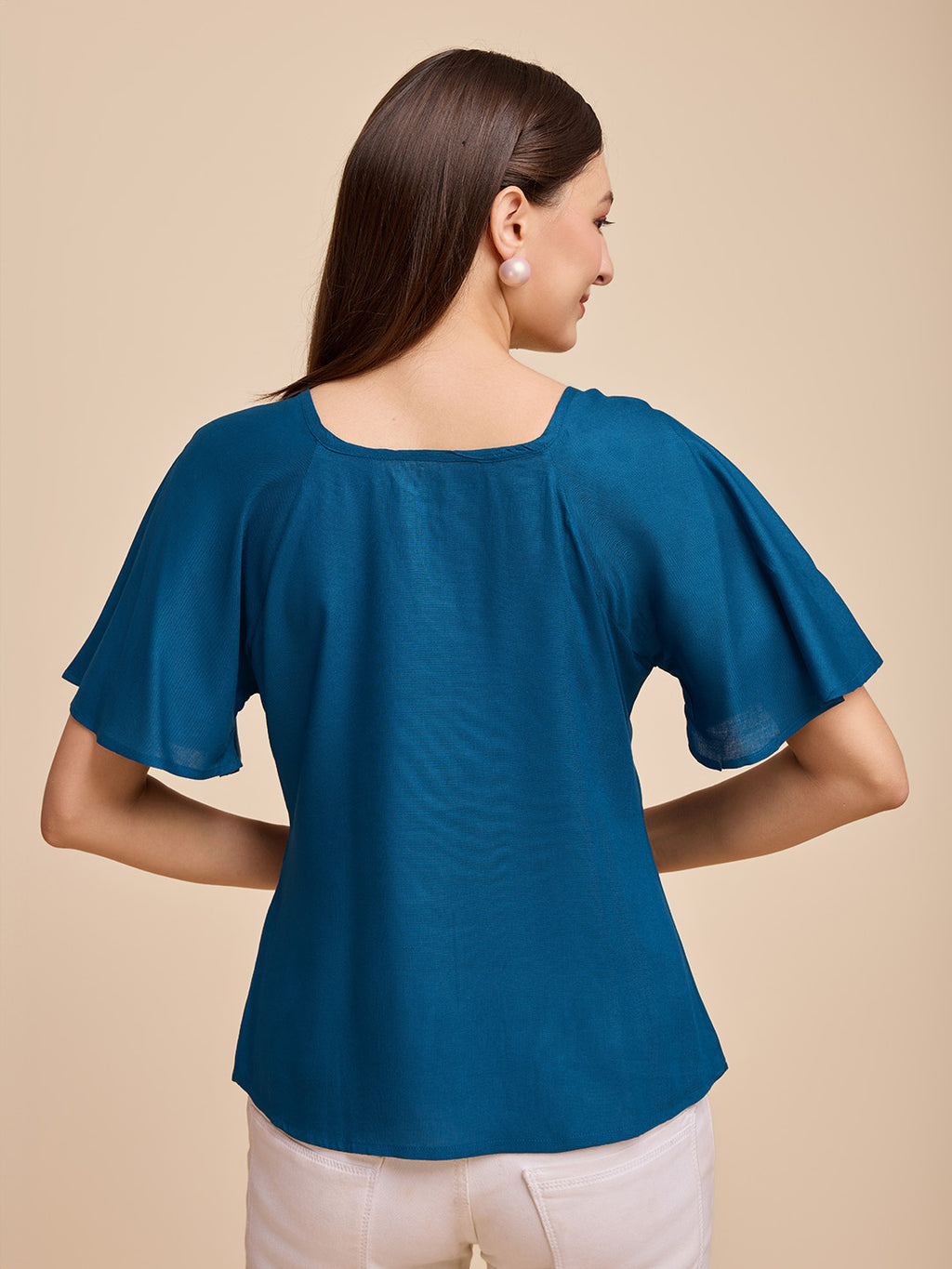Women Teal Keyhole Neck Bell Short Sleeve Solid Top