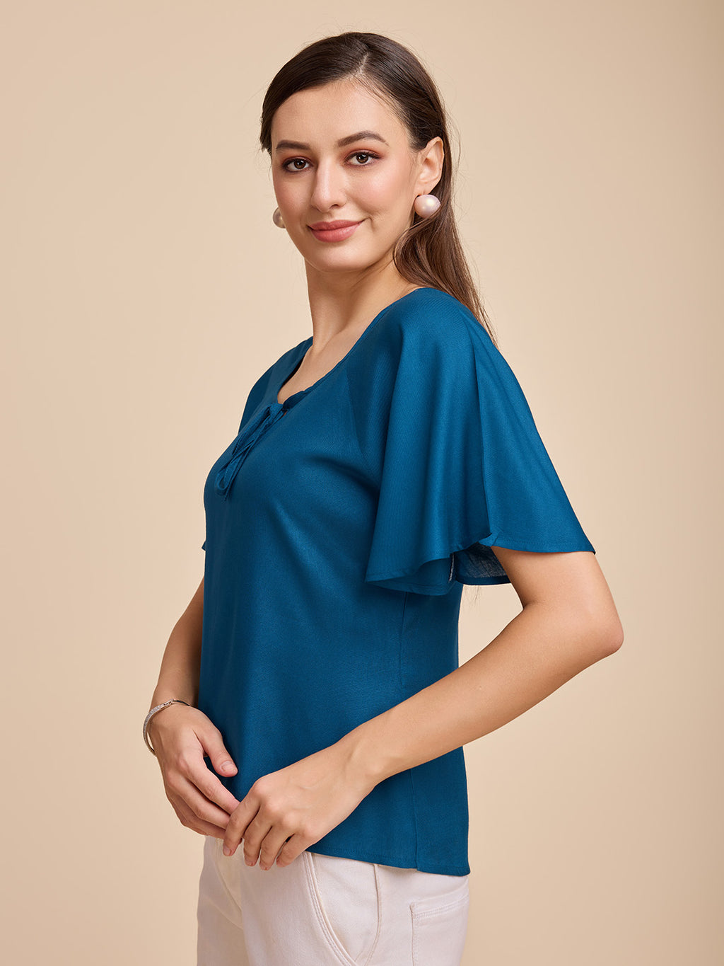 Women Teal Keyhole Neck Bell Short Sleeve Solid Top