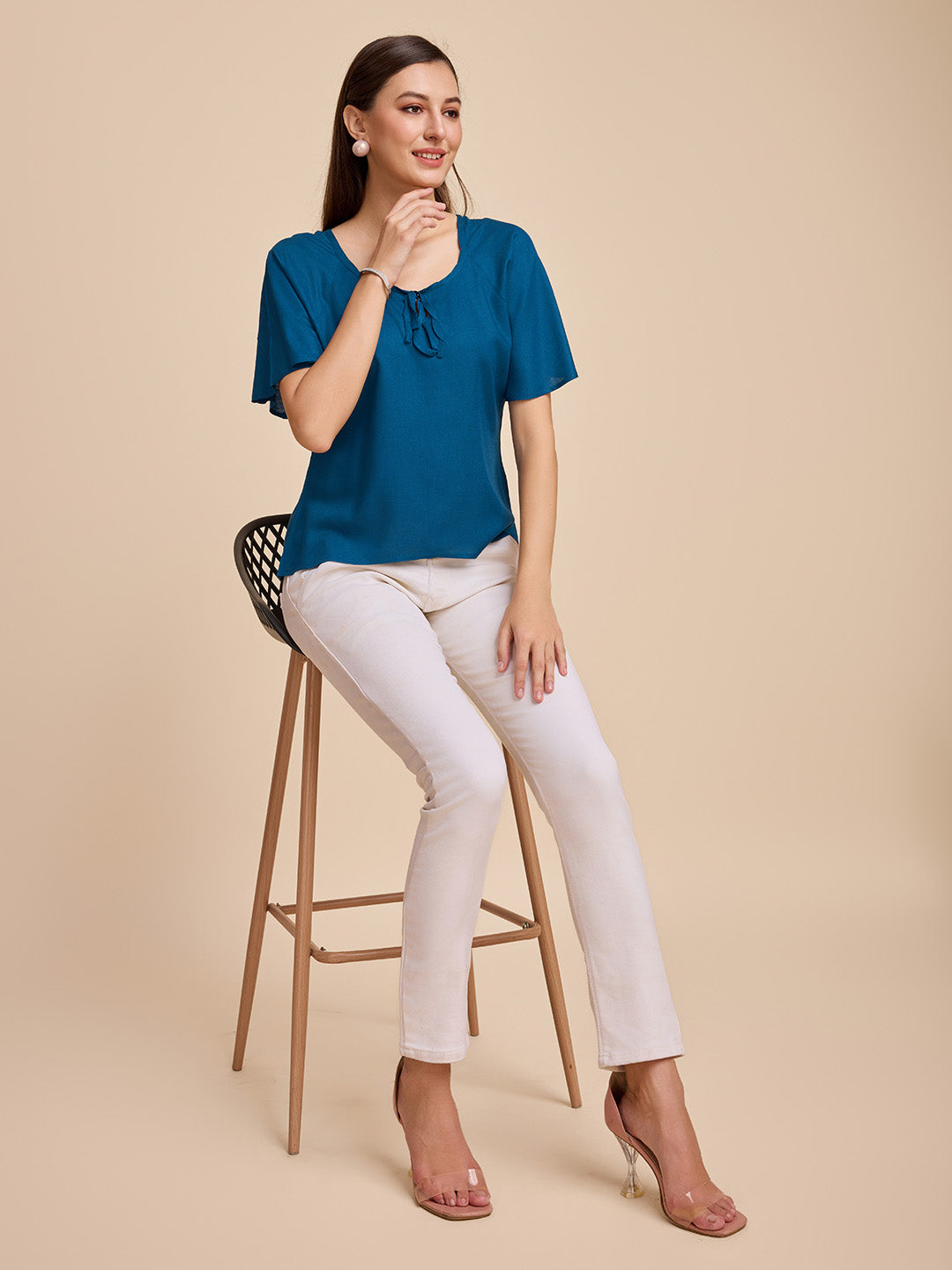 Women Teal Keyhole Neck Bell Short Sleeve Solid Top