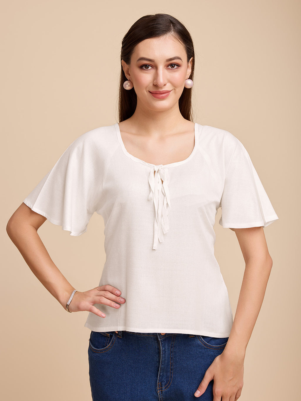 Women White Keyhole Neck Bell Short Sleeve Solid Top