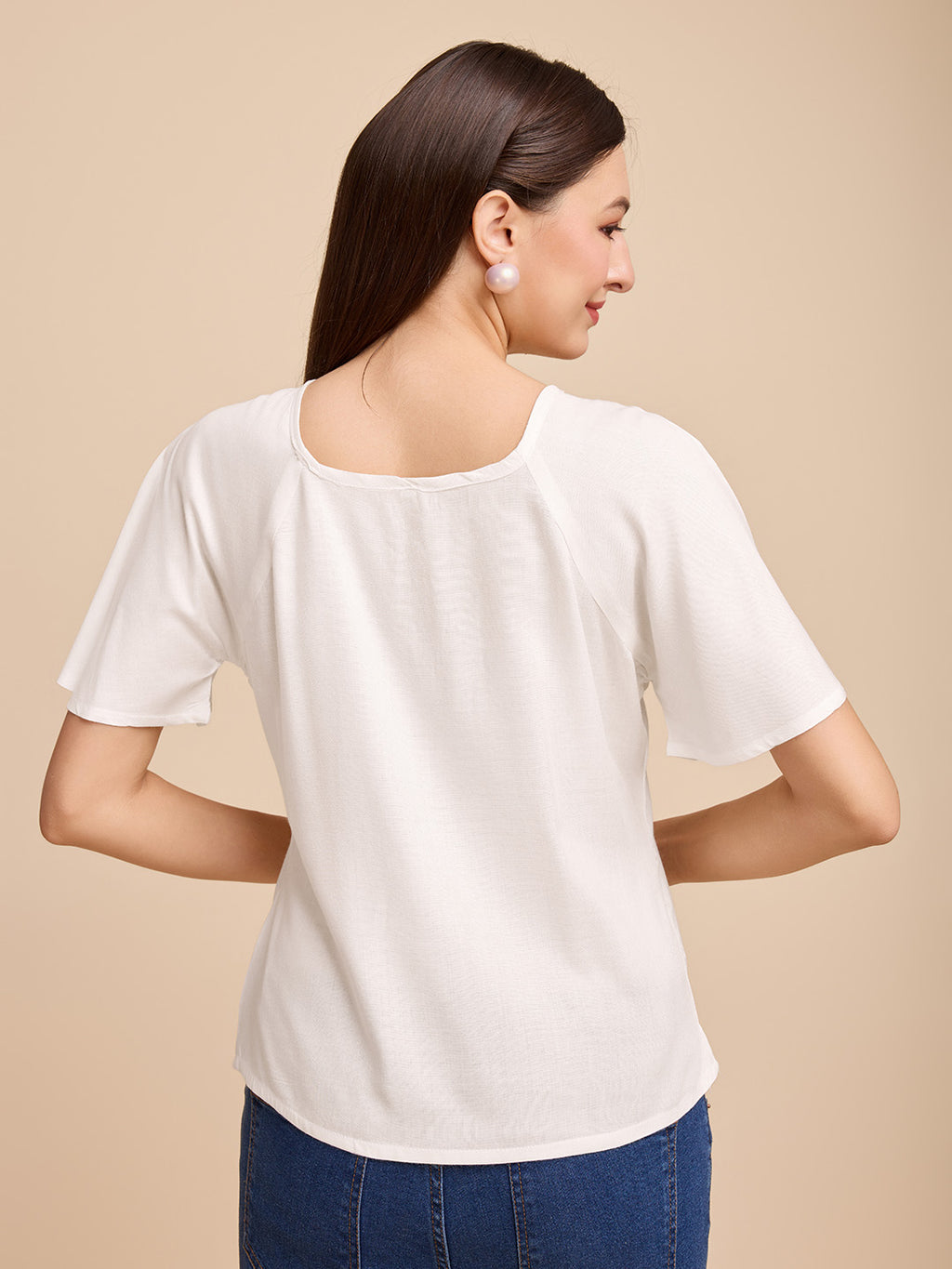 Women White Keyhole Neck Bell Short Sleeve Solid Top
