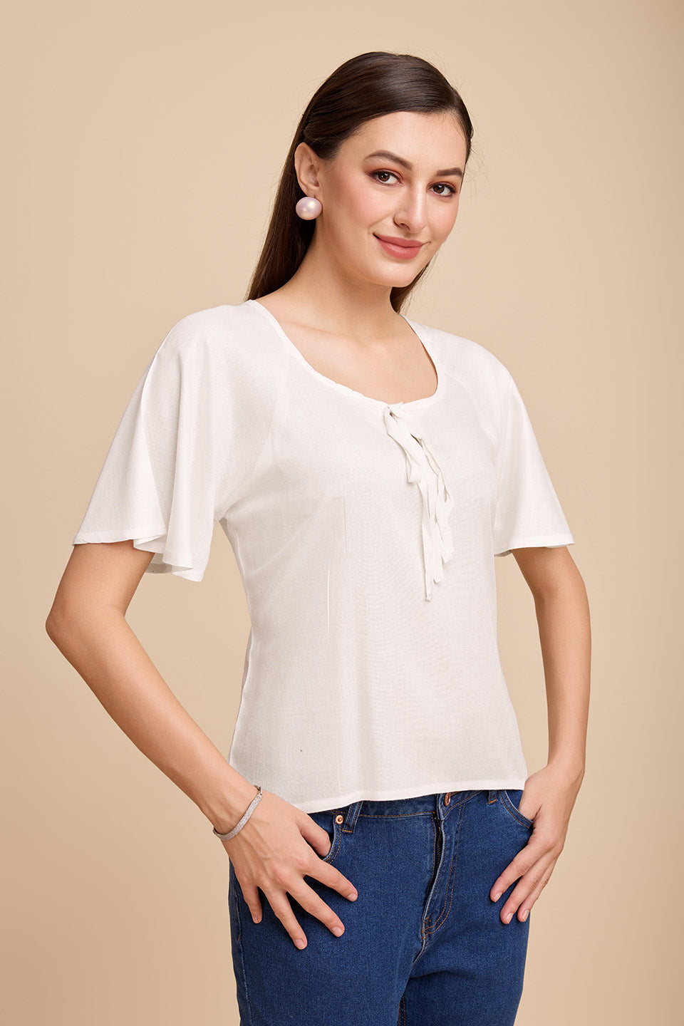 Women White Keyhole Neck Bell Short Sleeve Solid Top