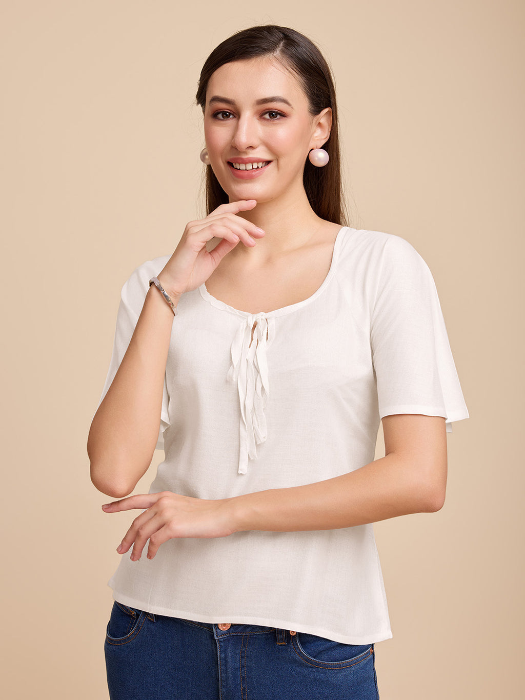 Women White Keyhole Neck Bell Short Sleeve Solid Top