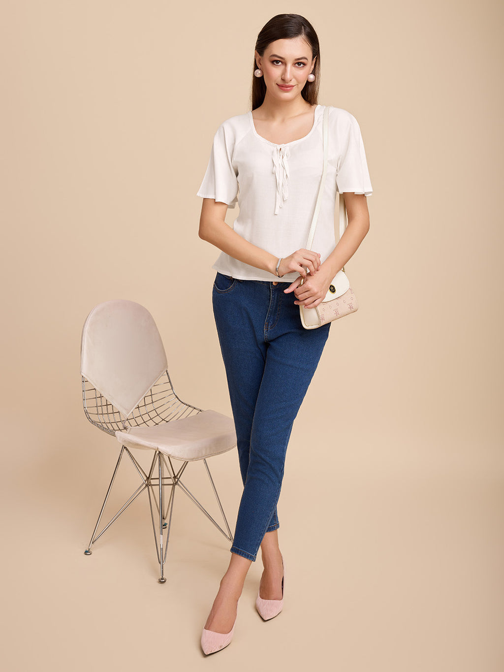 Women White Keyhole Neck Bell Short Sleeve Solid Top