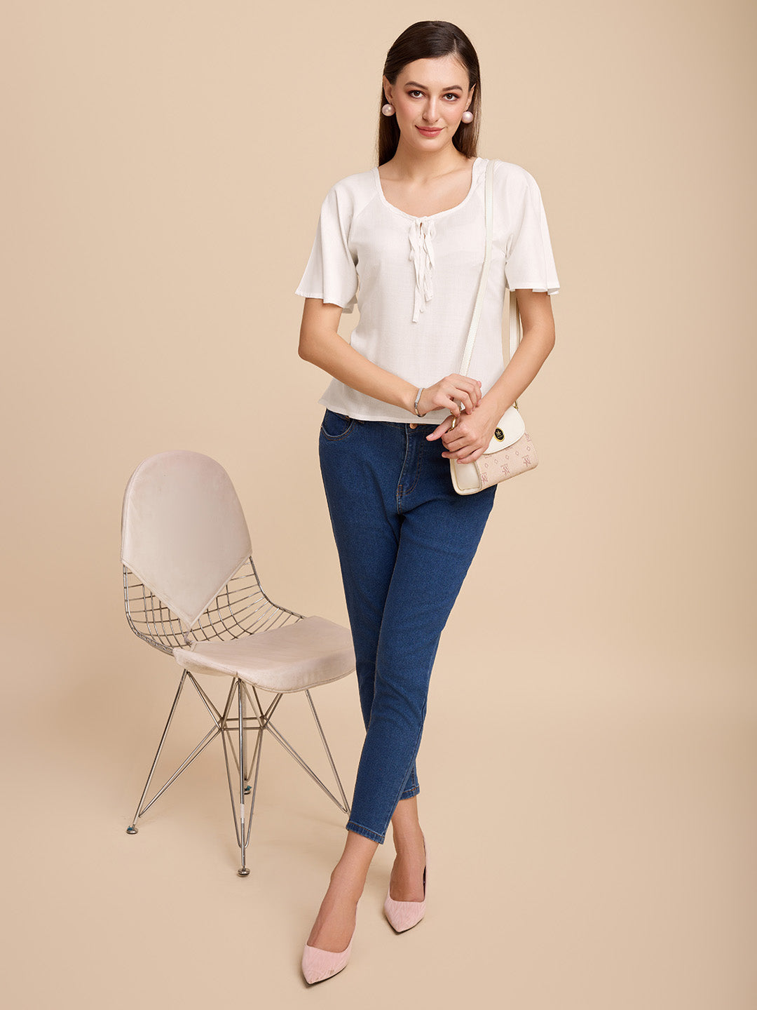 Women White Keyhole Neck Bell Short Sleeve Solid Top