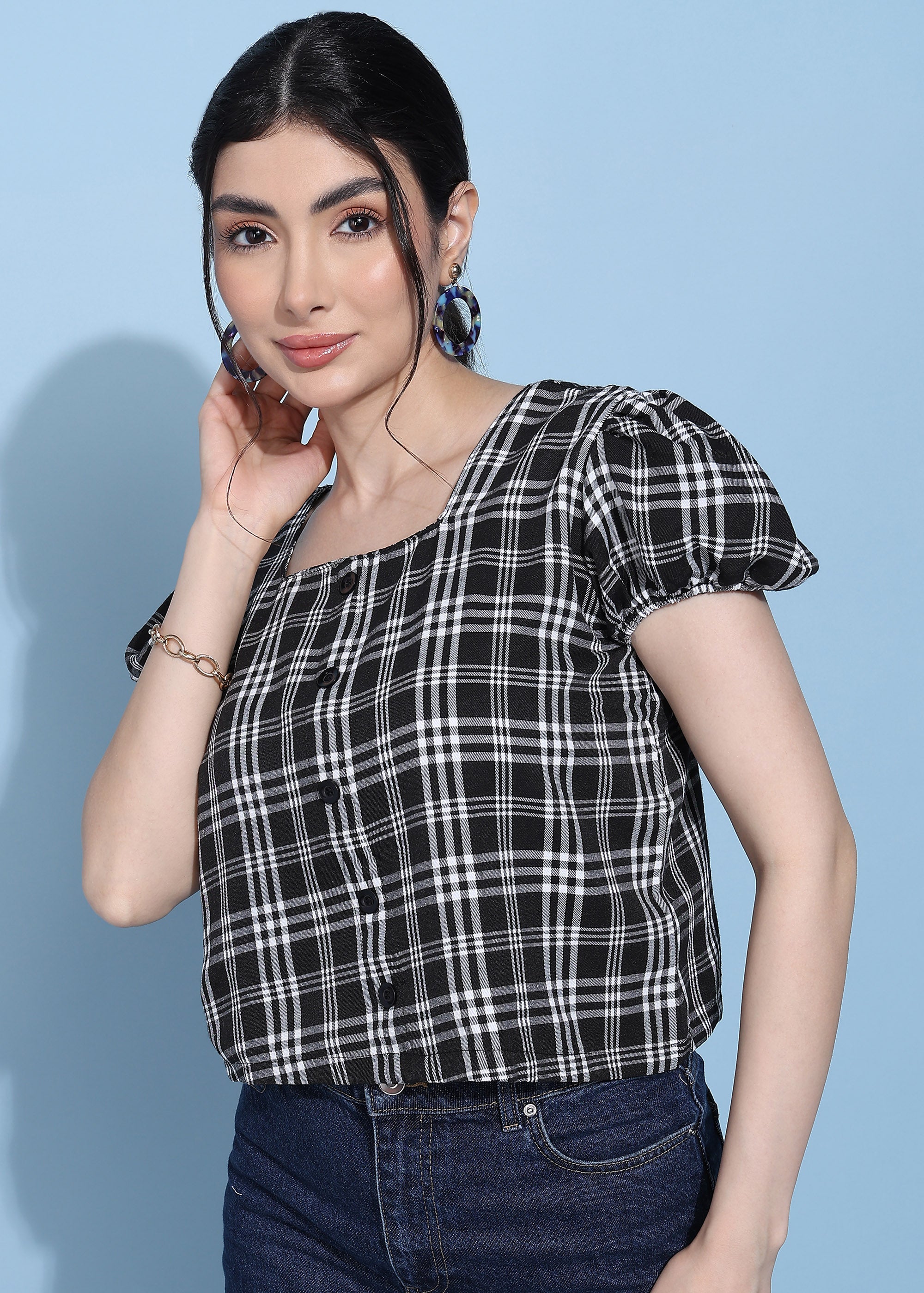 Women Black Checkered Puff Sleeve Square Neck Top