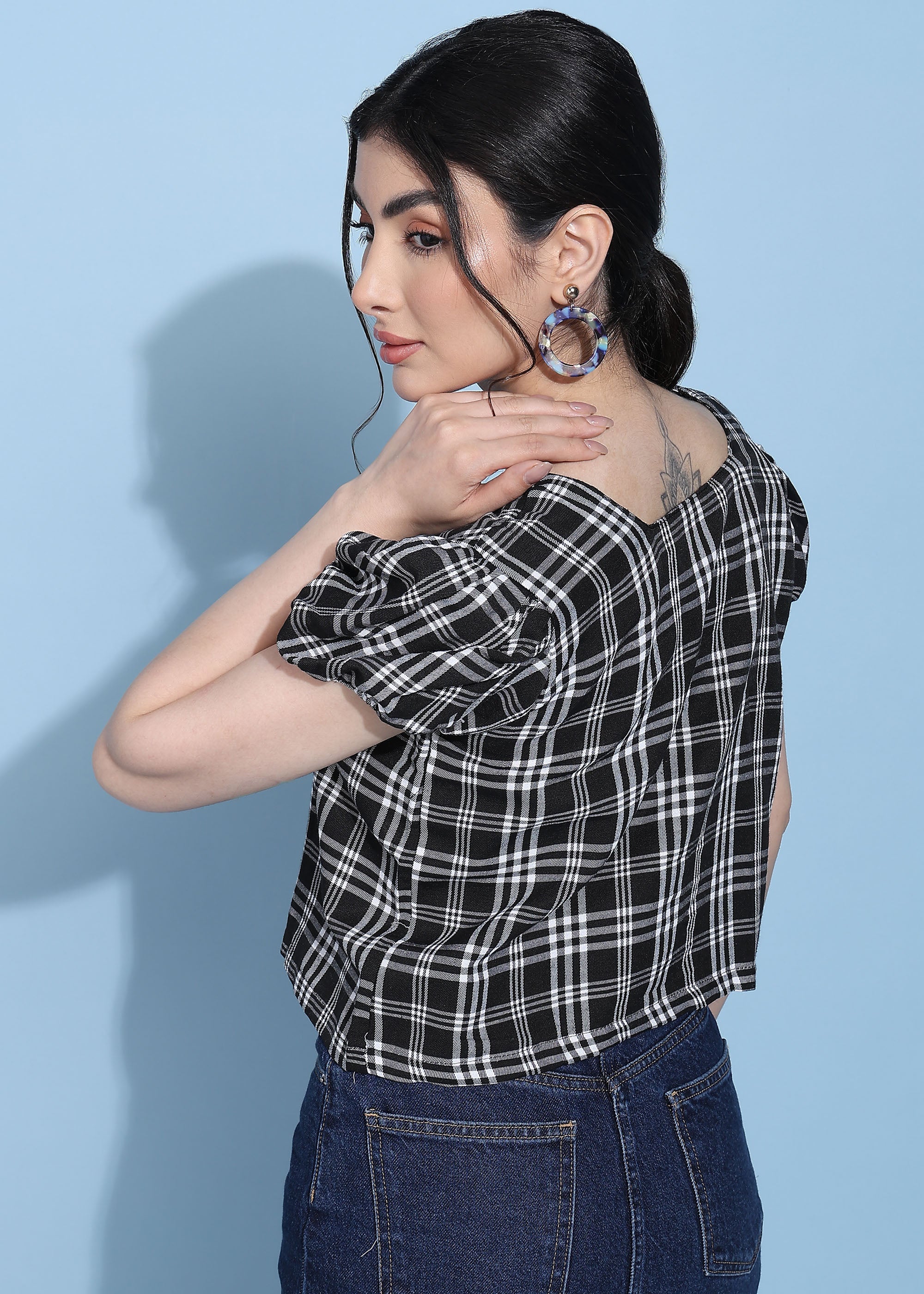 Women Black Checkered Puff Sleeve Square Neck Top