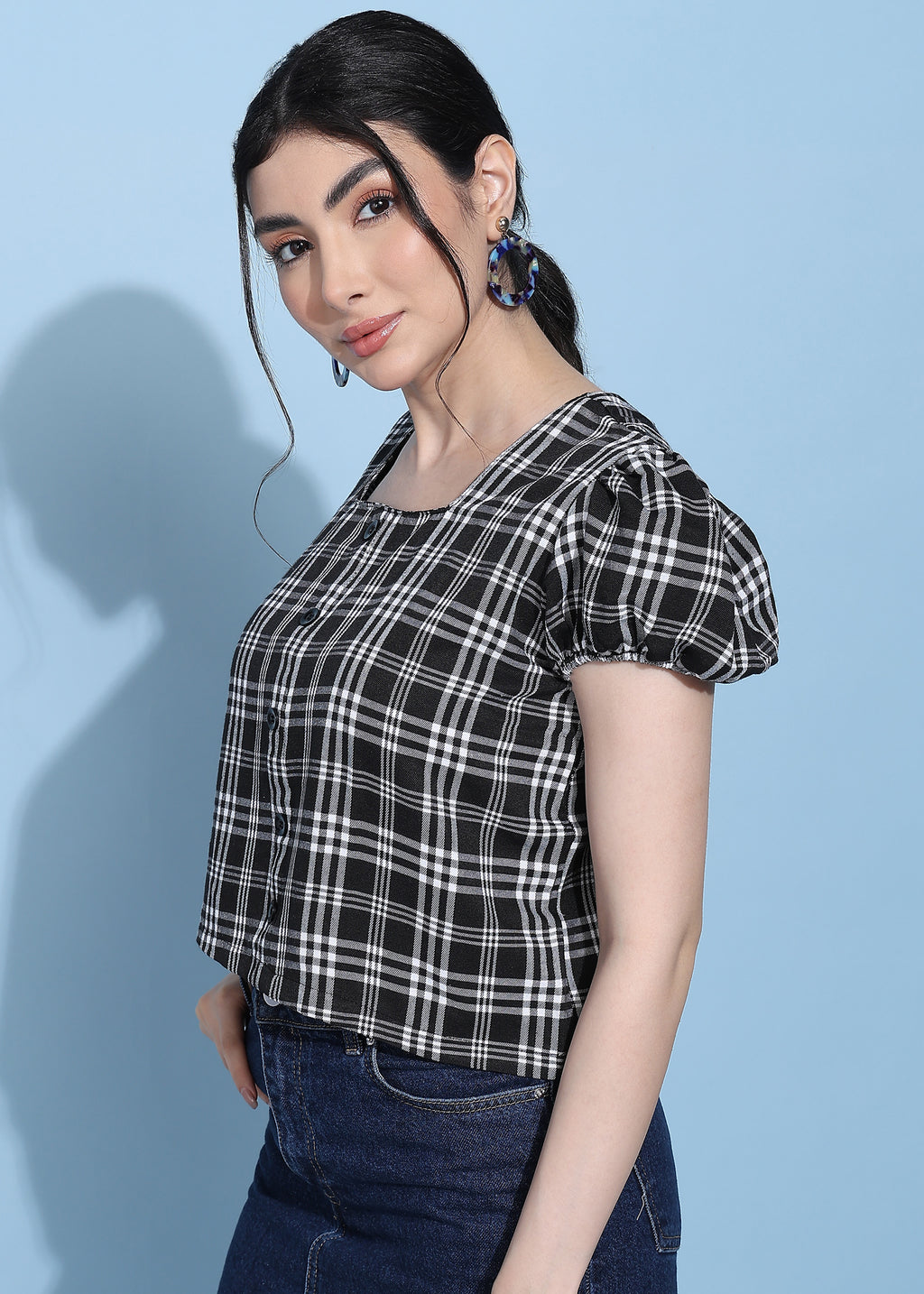 Women Black Checkered Puff Sleeve Square Neck Top