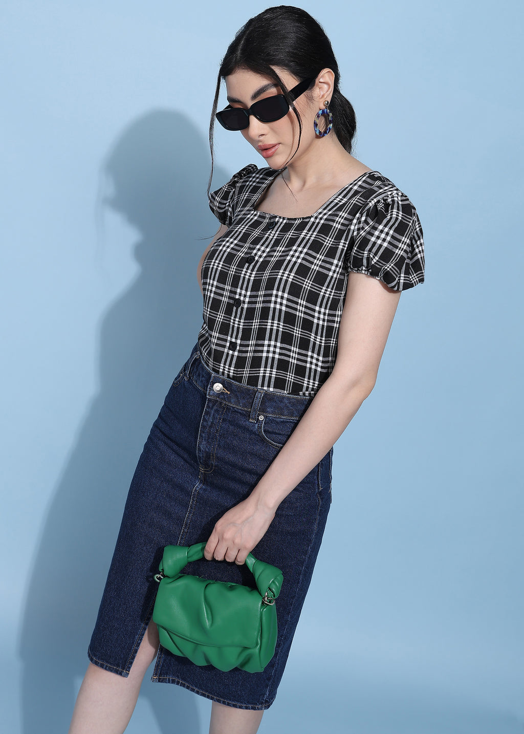 Women Black Checkered Puff Sleeve Square Neck Top
