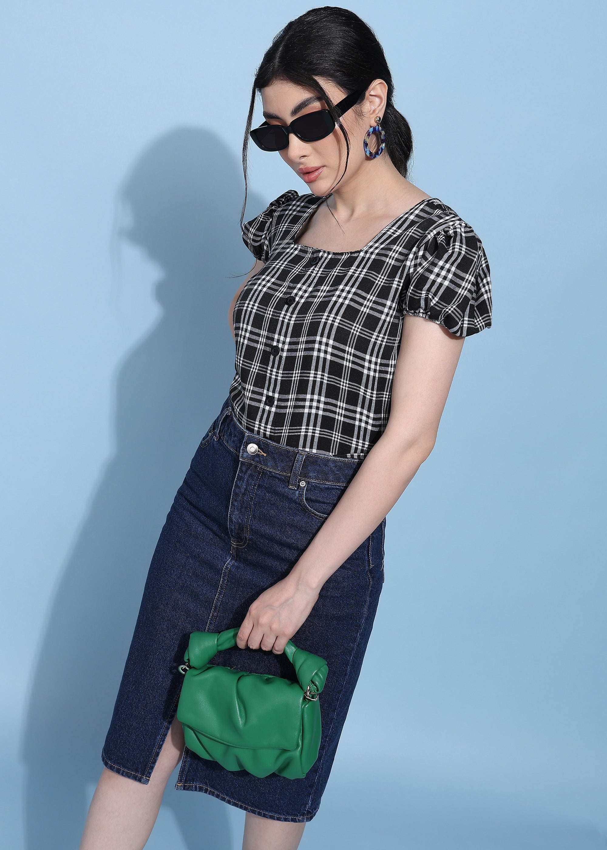 Women Black Checkered Puff Sleeve Square Neck Top