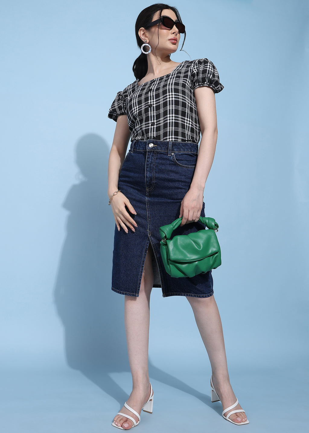 Women Black Checkered Puff Sleeve Square Neck Top