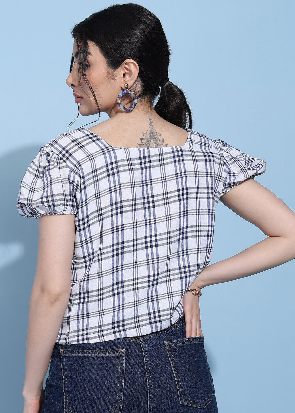 Women White Checkered Puff Sleeve Square Neck Top