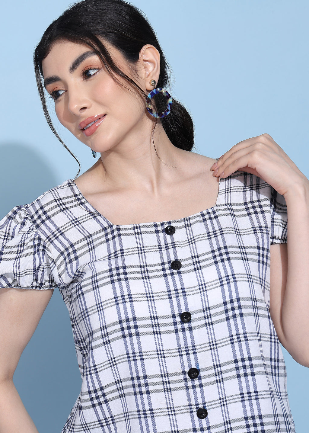 Women White Checkered Puff Sleeve Square Neck Top
