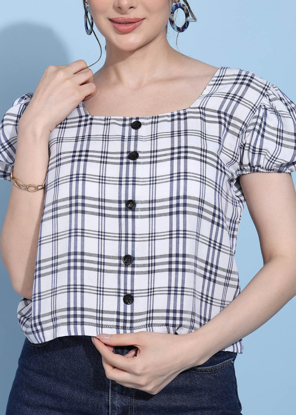 Women White Checkered Puff Sleeve Square Neck Top