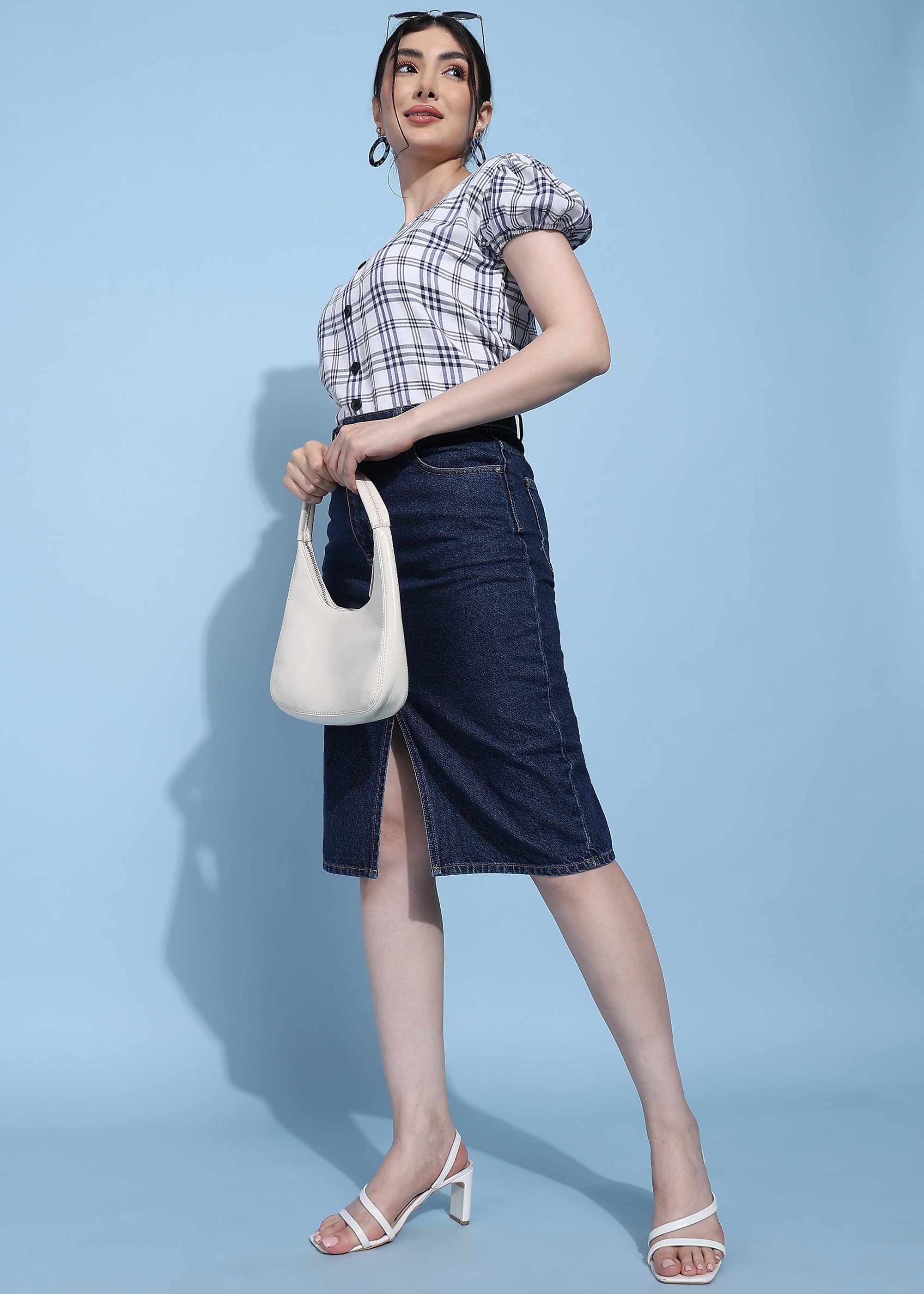 Women White Checkered Puff Sleeve Square Neck Top