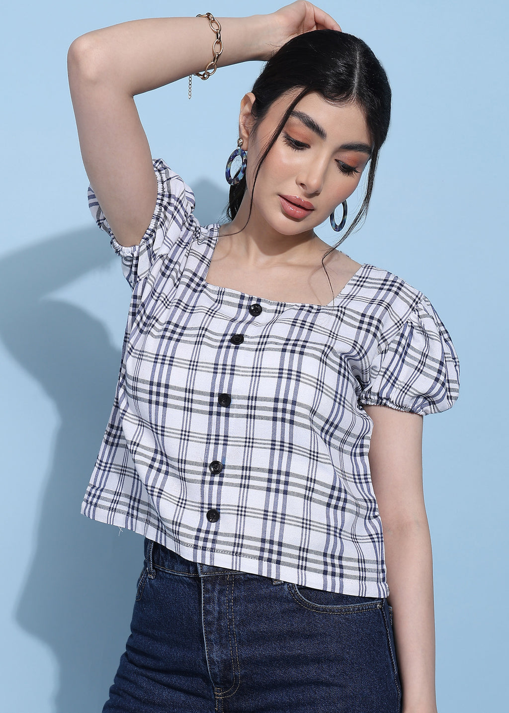 Women White Checkered Puff Sleeve Square Neck Top