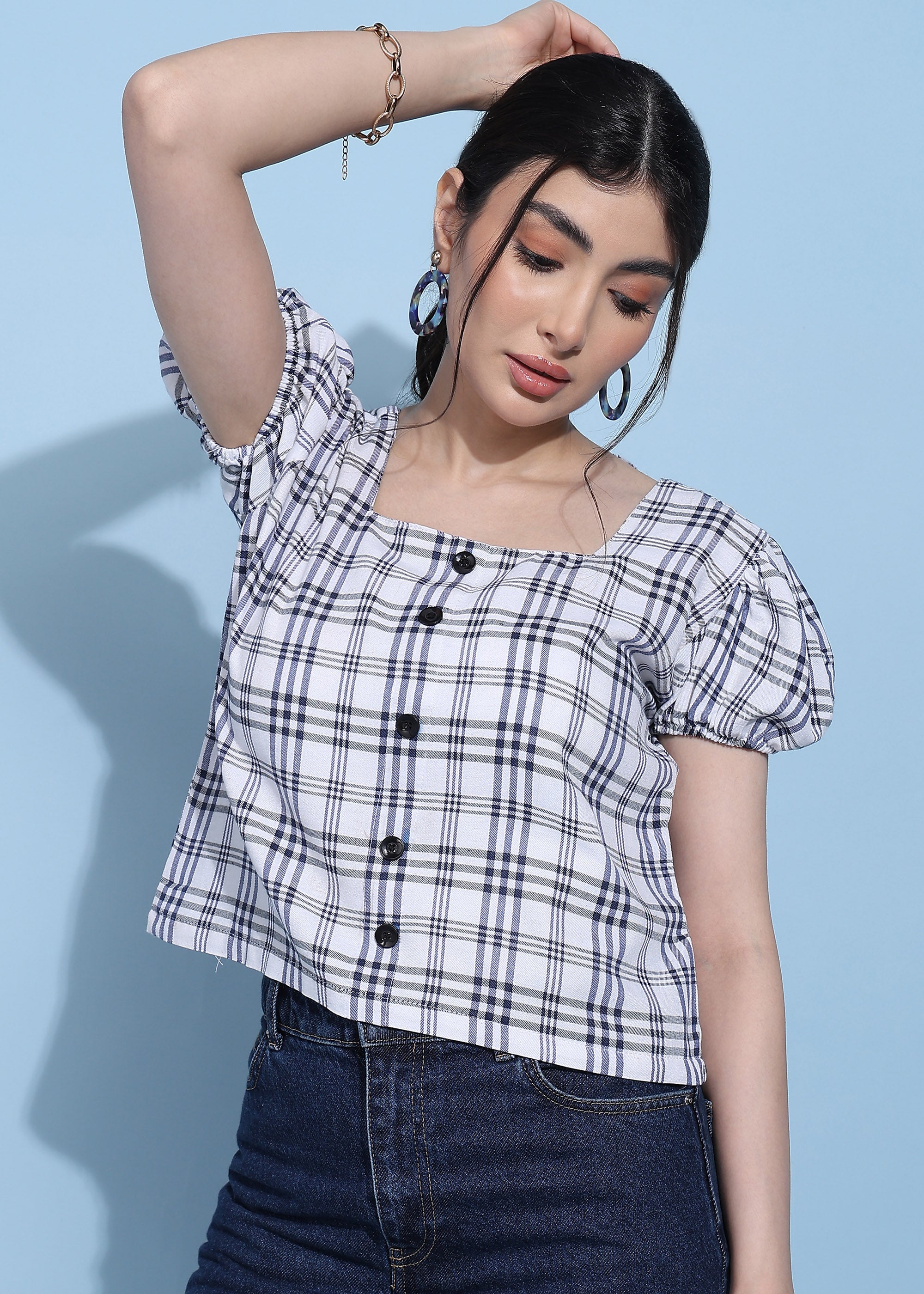 Women White Checkered Puff Sleeve Square Neck Top