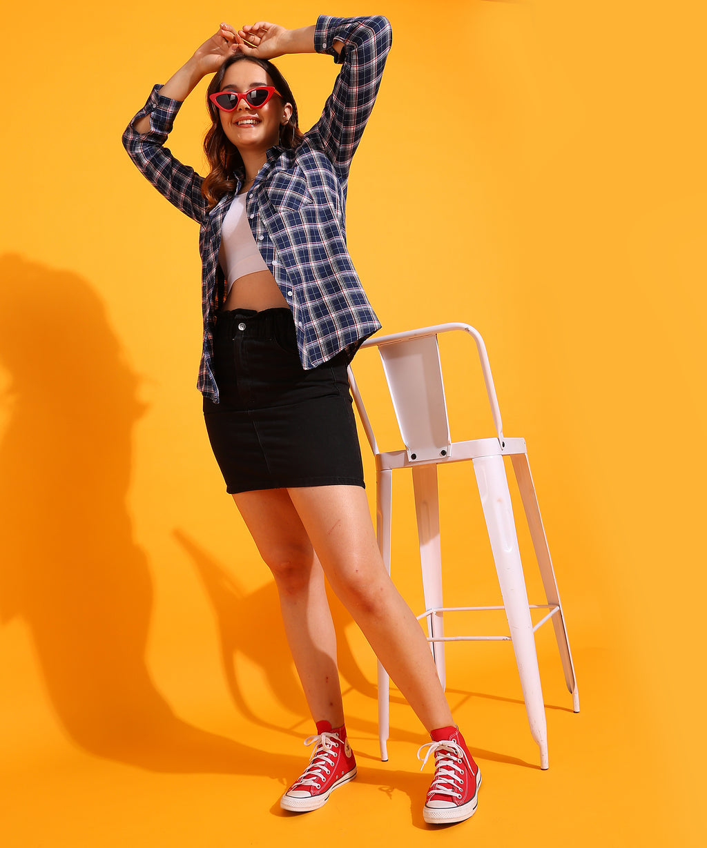 Checked Spread Collar Long Sleeves Cotton Blue Women Shirt