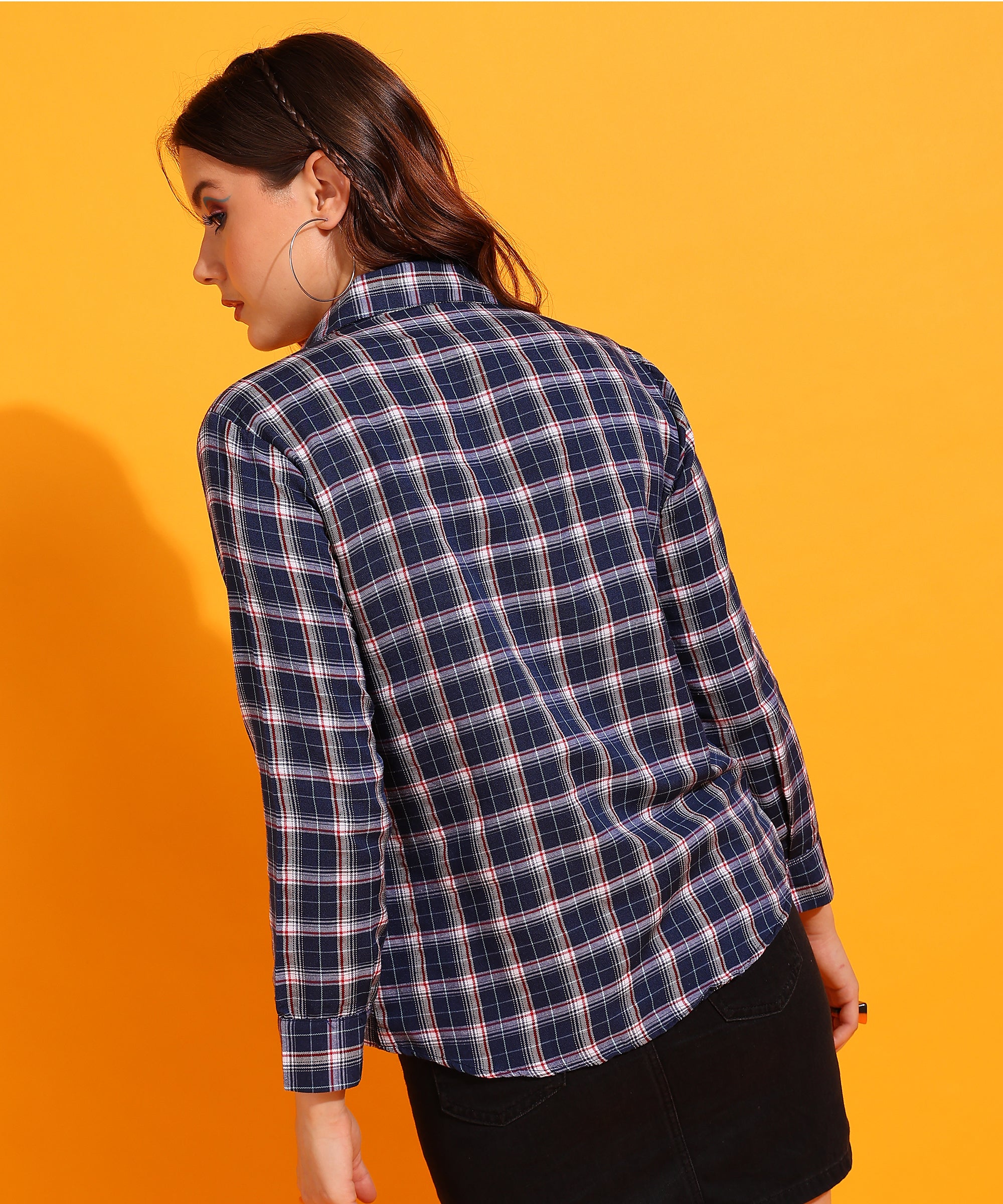 Checked Spread Collar Long Sleeves Cotton Blue Women Shirt