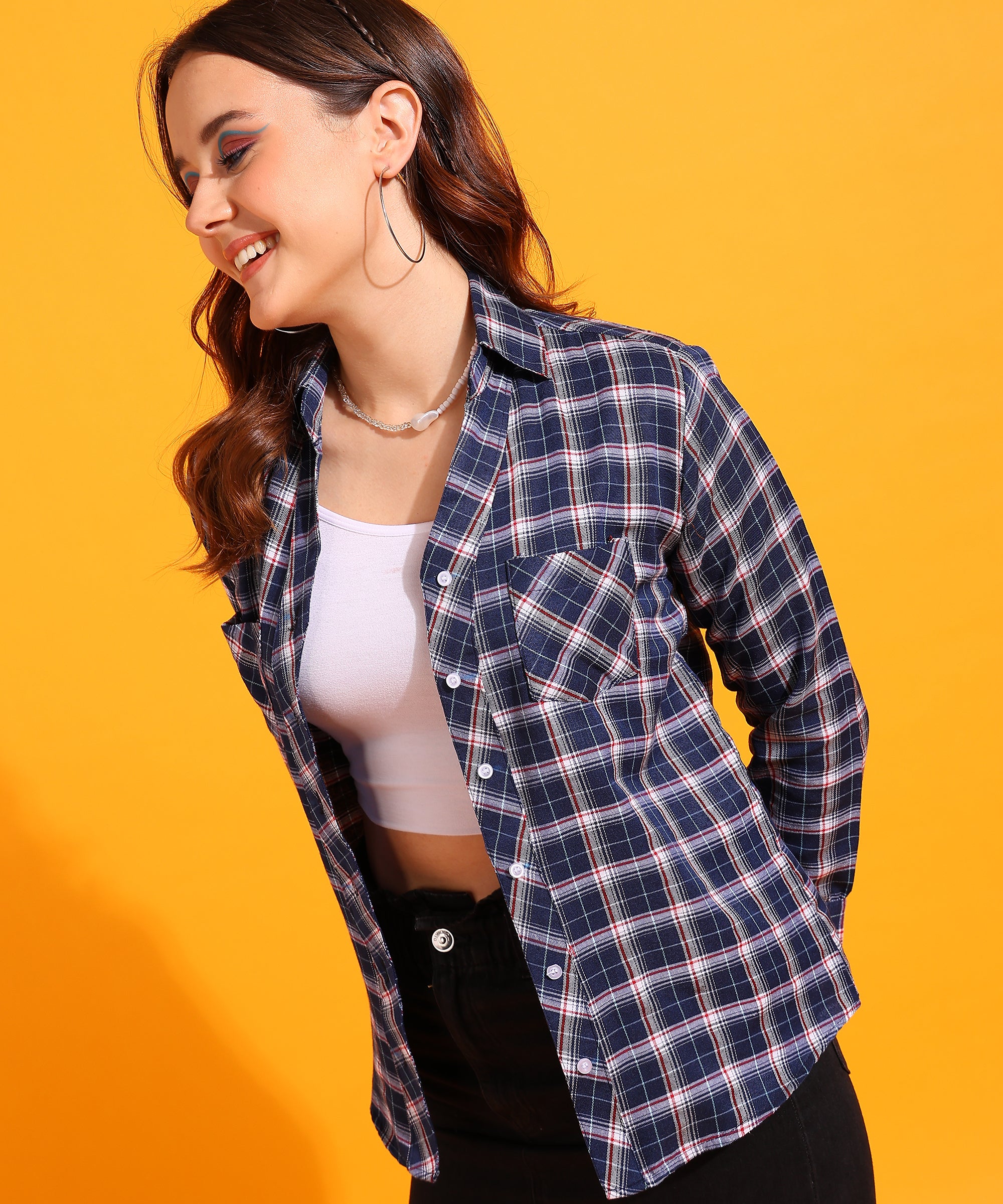 Checked Spread Collar Long Sleeves Cotton Blue Women Shirt