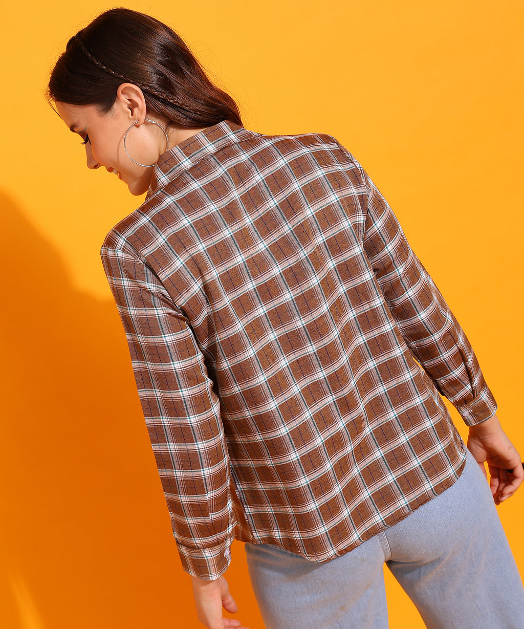 Checked Spread Collar Long Sleeves Cotton Brown Women Shirt