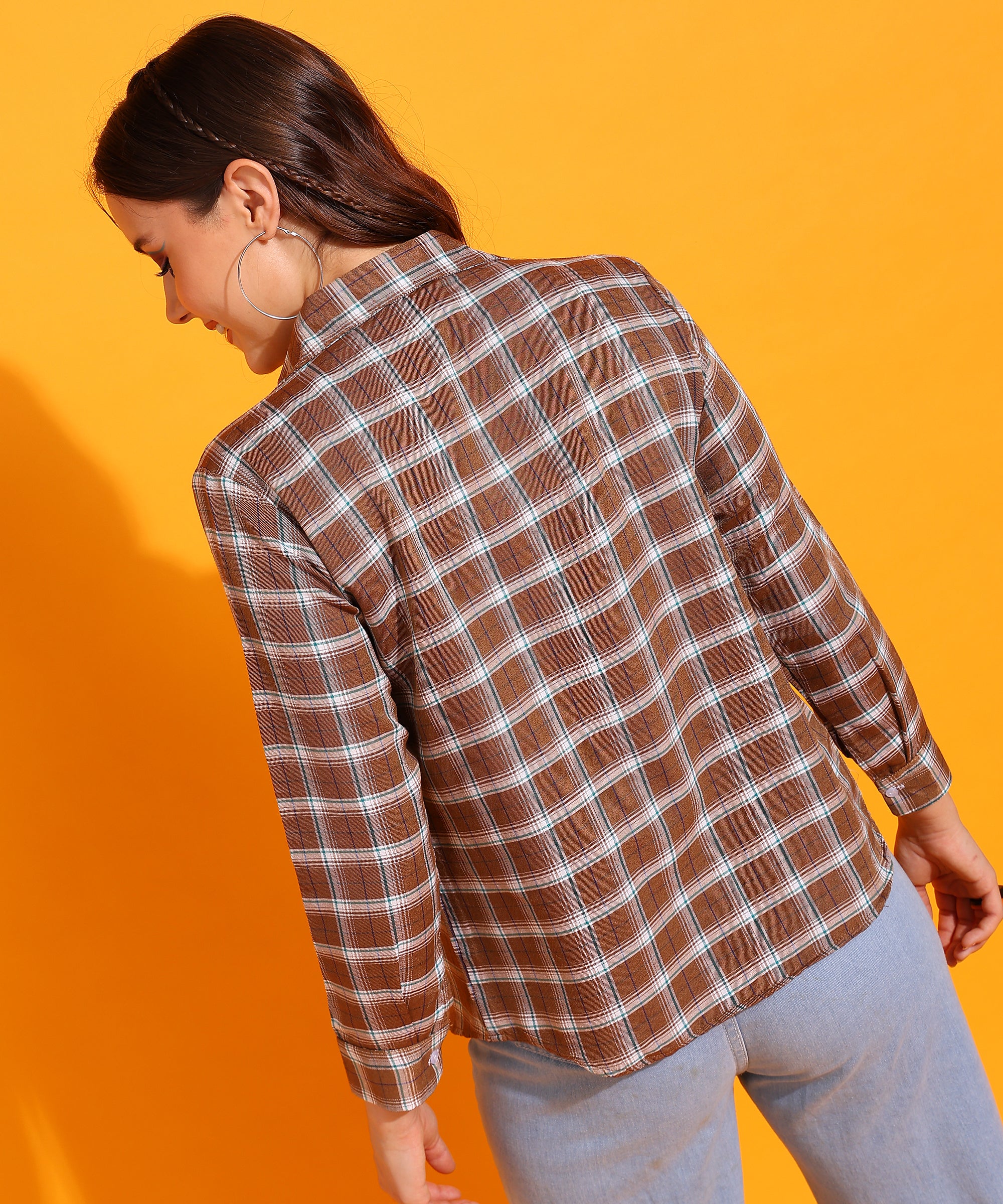 Checked Spread Collar Long Sleeves Cotton Brown Women Shirt