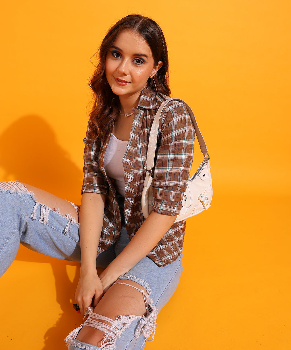 Checked Spread Collar Long Sleeves Cotton Brown Women Shirt