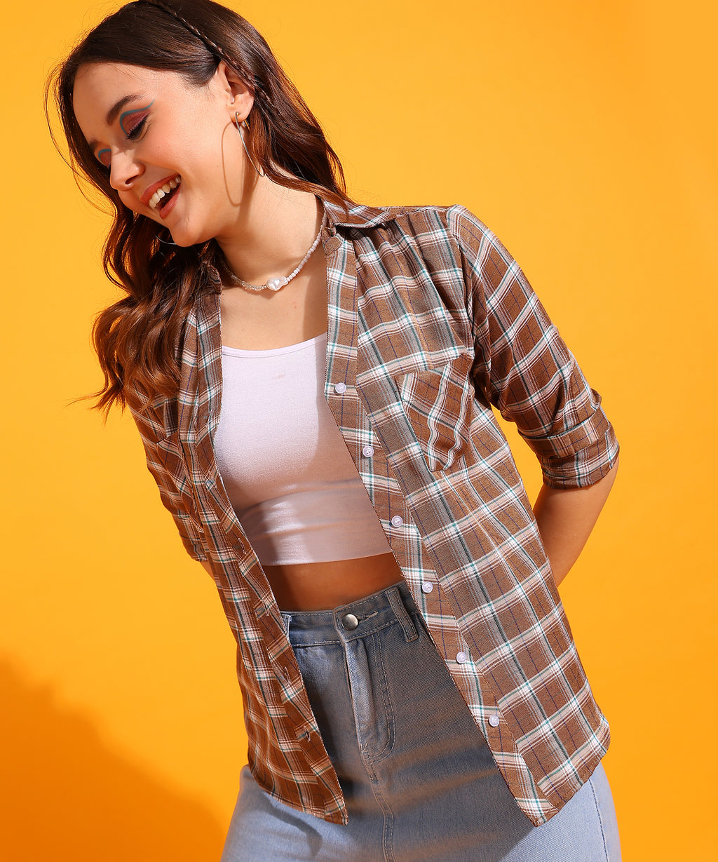 Checked Spread Collar Long Sleeves Cotton Brown Women Shirt