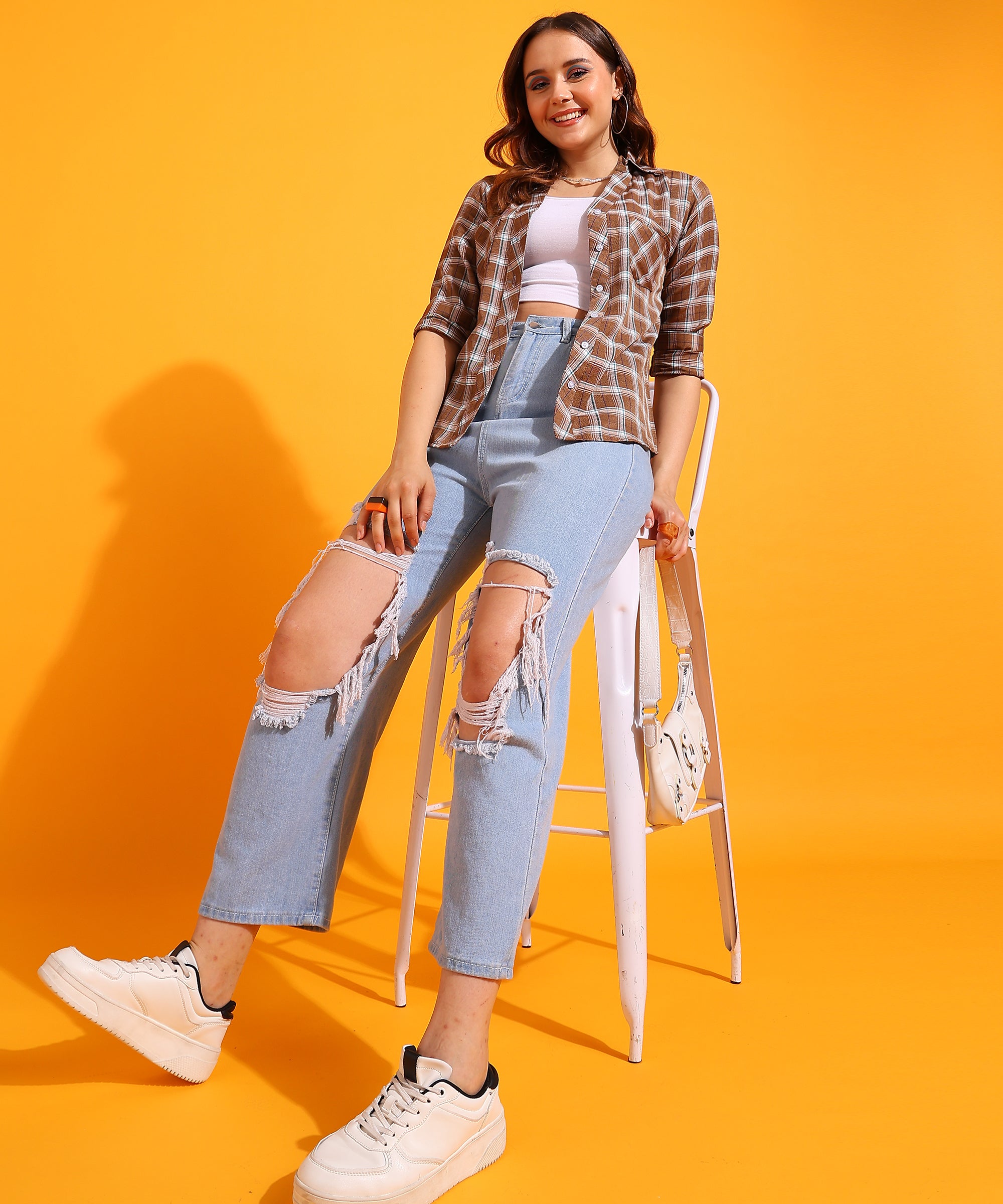 Checked Spread Collar Long Sleeves Cotton Brown Women Shirt