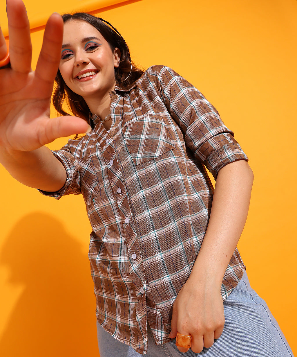 Checked Spread Collar Long Sleeves Cotton Brown Women Shirt