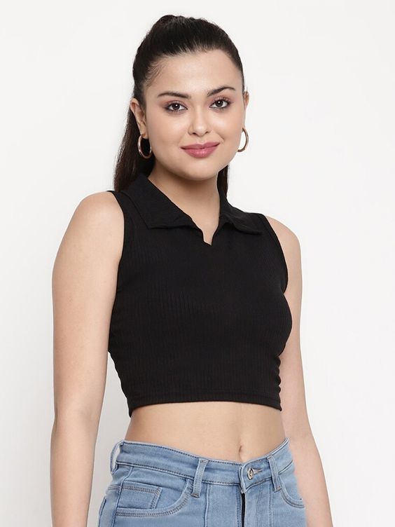 Women Black Ribbed Sleeveless Collared Crop Top