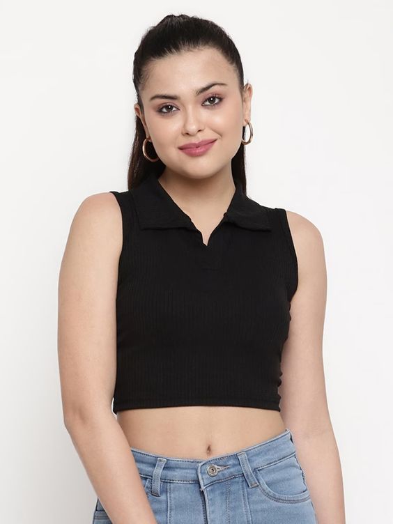Women Black Ribbed Sleeveless Collared Crop Top