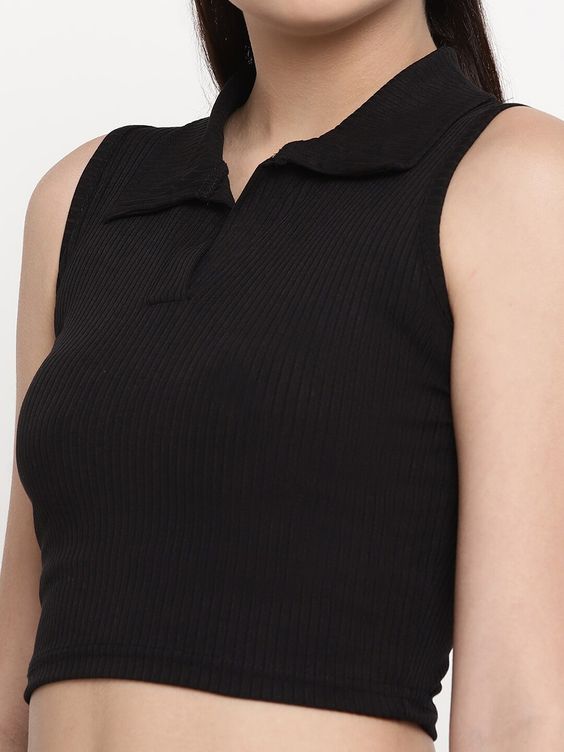 Women Black Ribbed Sleeveless Collared Crop Top