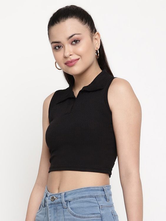 Women Black Ribbed Sleeveless Collared Crop Top