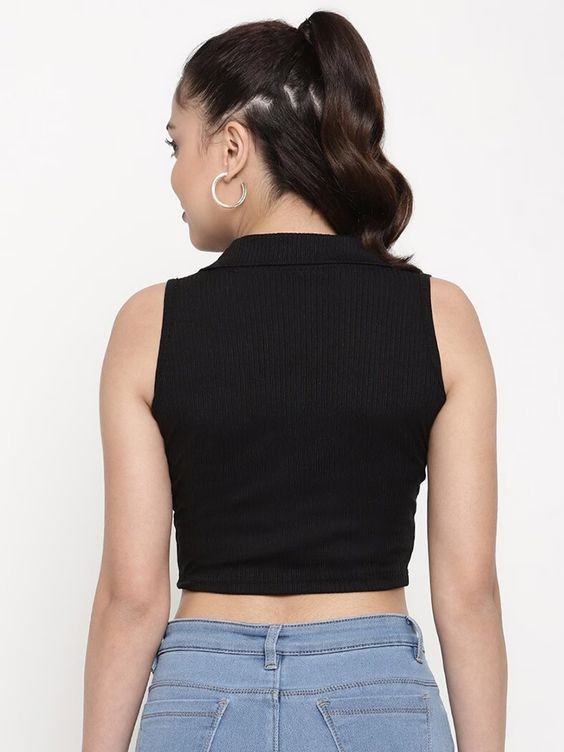 Women Black Ribbed Sleeveless Collared Crop Top