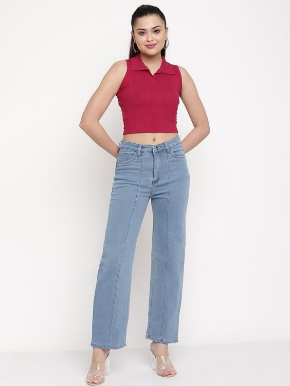 Women Maroon Ribbed Sleeveless Collared Crop Top
