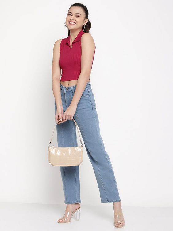 Women Maroon Ribbed Sleeveless Collared Crop Top