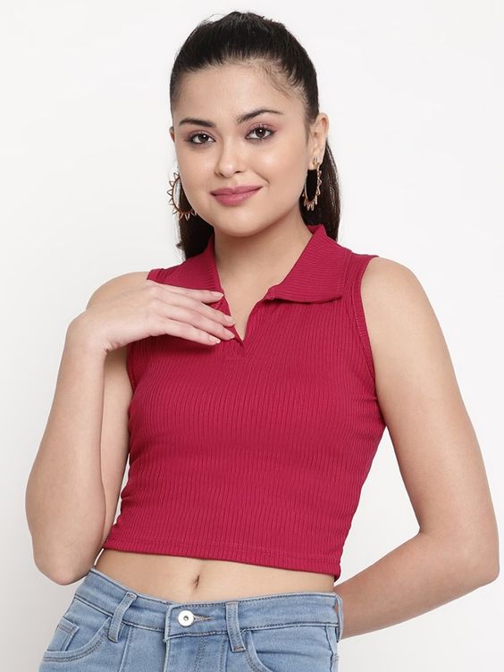 Women Maroon Ribbed Sleeveless Collared Crop Top