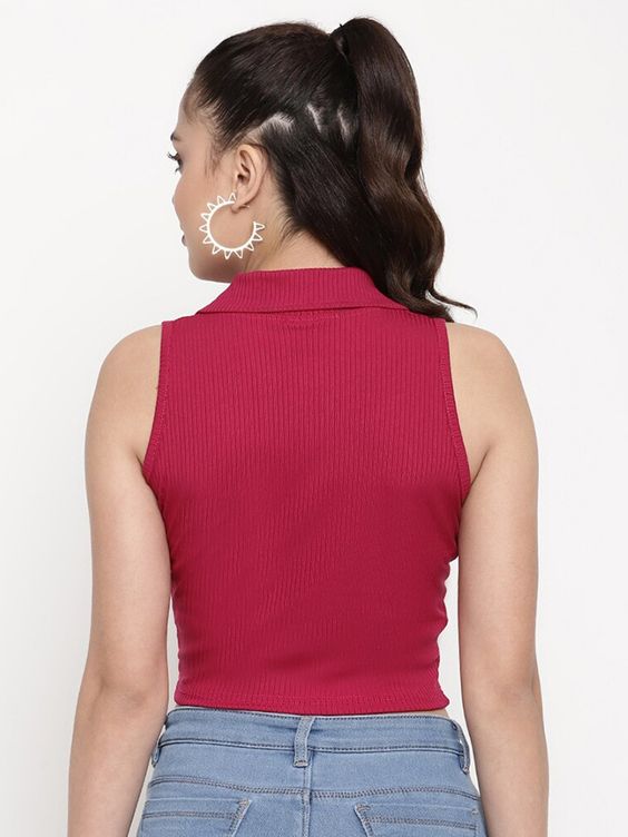 Women Maroon Ribbed Sleeveless Collared Crop Top