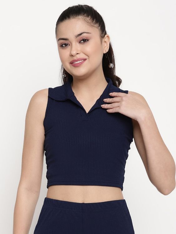 Women Navy Blue Ribbed Sleeveless Collared Crop Top
