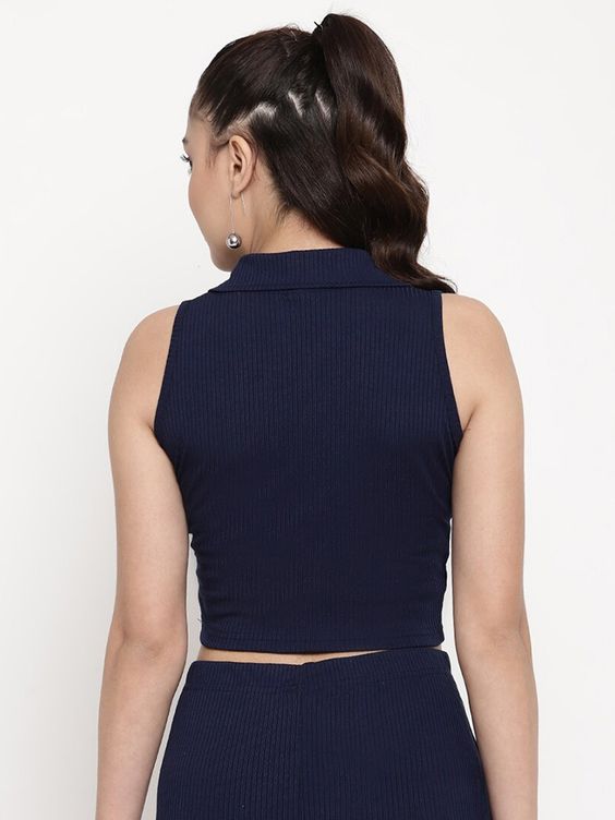 Women Navy Blue Ribbed Sleeveless Collared Crop Top