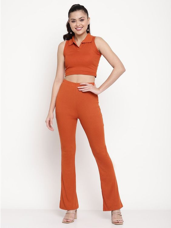 Women Orange Ribbed Sleeveless Collared Crop Top