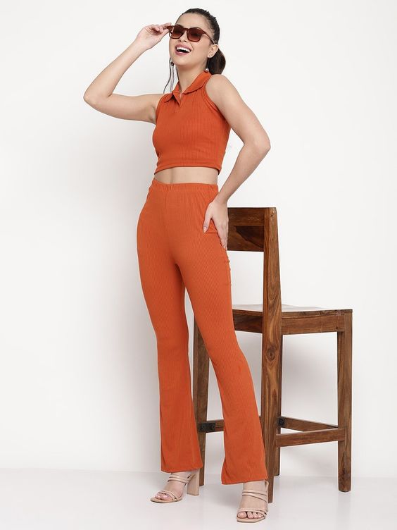 Women Orange Ribbed Sleeveless Collared Crop Top