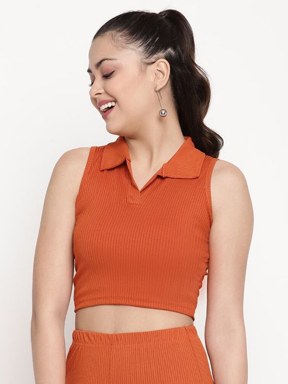 Women Orange Ribbed Sleeveless Collared Crop Top